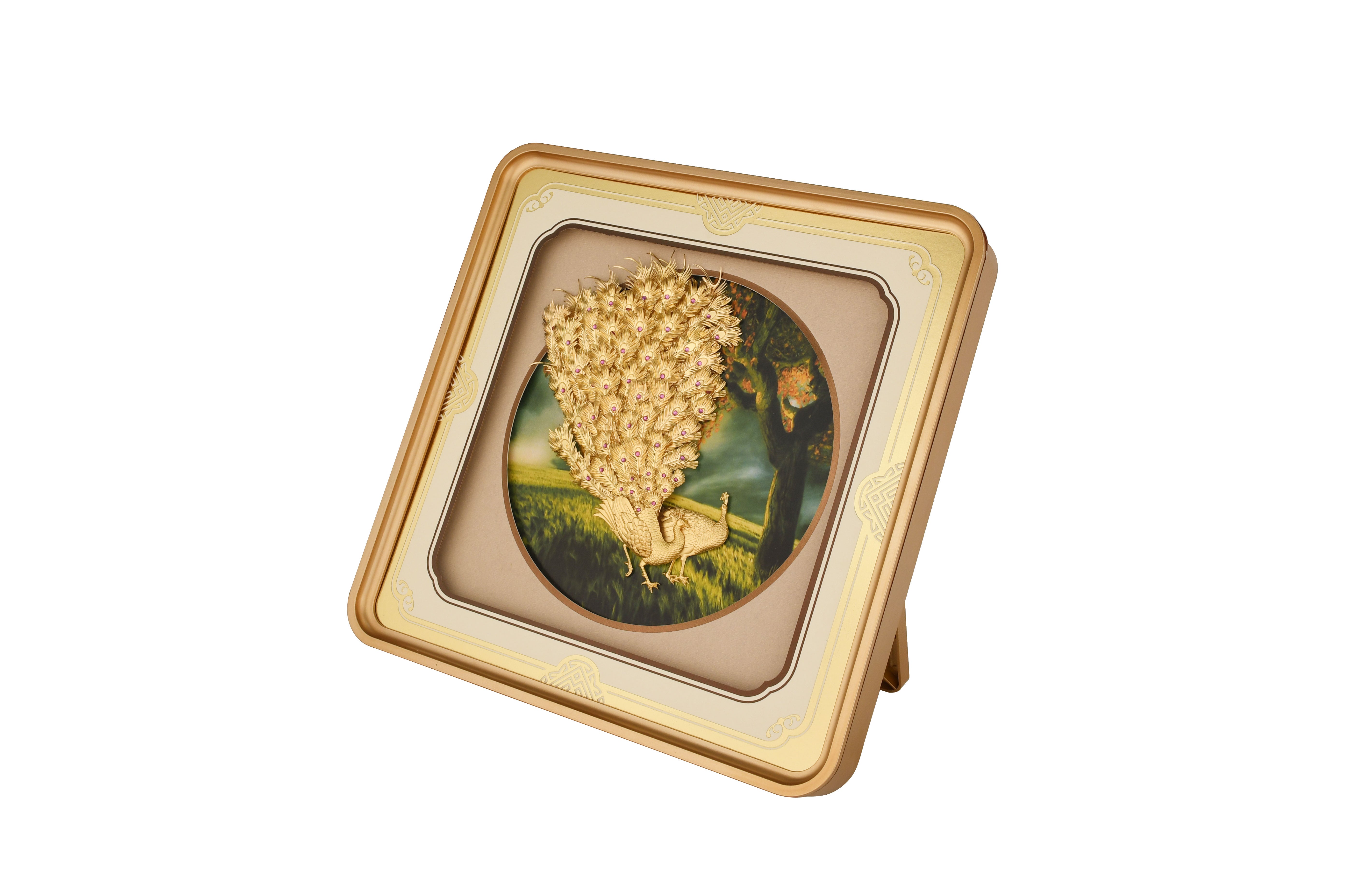 Peacock 24K Gold Foil Painting with Matte Gold Versatile Frame, 11x11 Inches