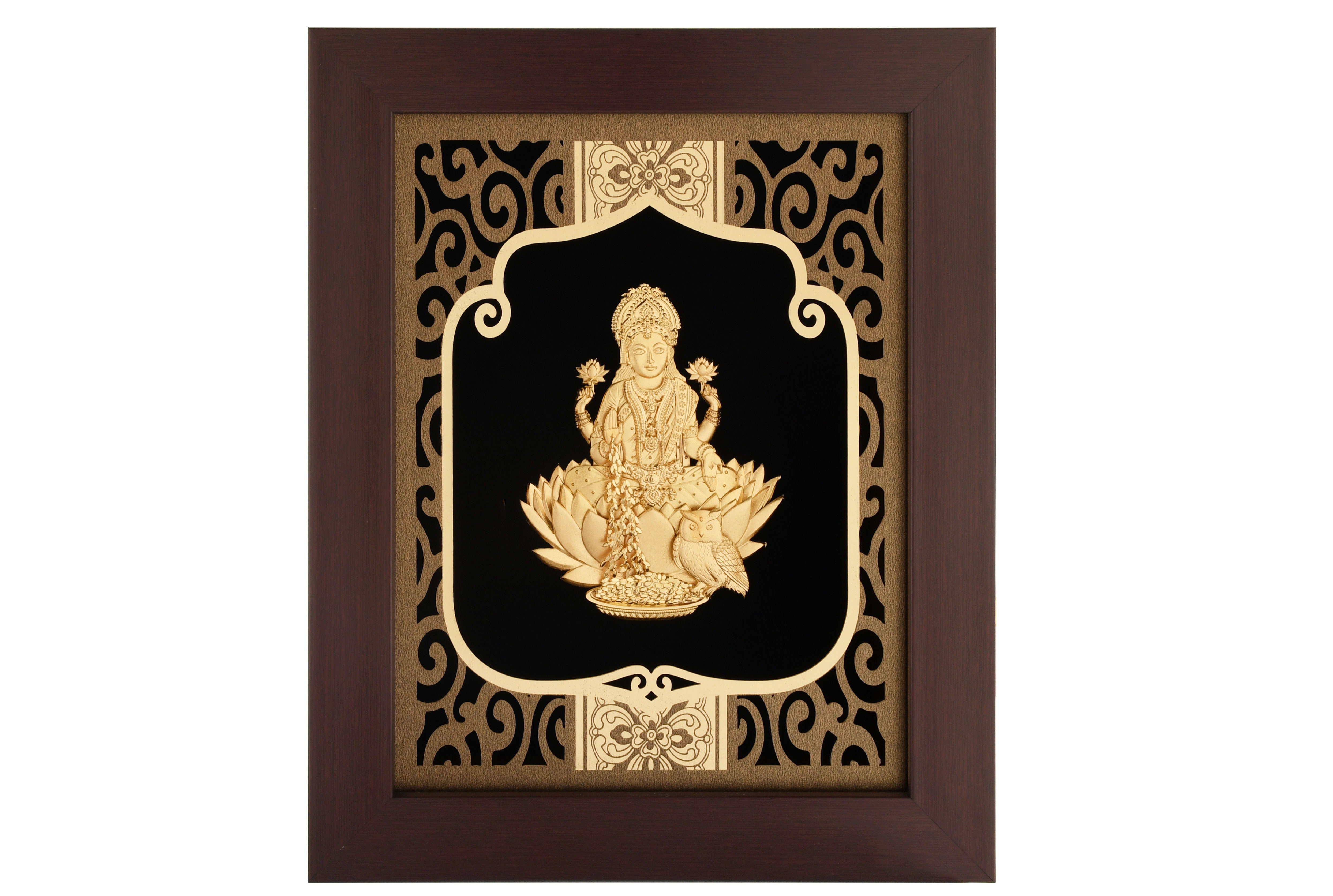Lakshmi 24K Gold Foil Painting with Burgundy Versatile Frame, 8x10 Inches