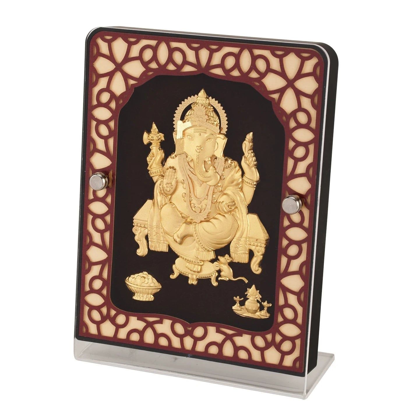 Ganesha 24K Gold Foil Painting with Brown Tabletop Frame, 5x7 Inches