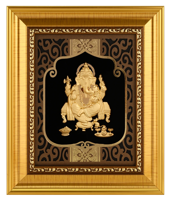 Ganesha Ji 24K Gold Foil Painting with Shiny Gold Versatile Frame, 6x7 Inches