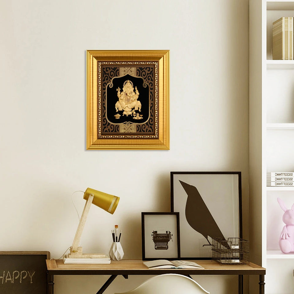 Ganesha 24K Gold Foil Painting with Shiny Gold Versatile Frame, 6x7 Inches