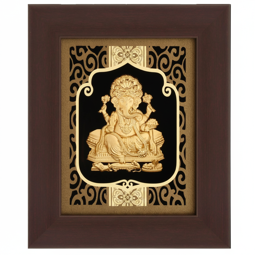 ganesha-ji-24k-gold-foil-painting-6x7-burgundy-frame-hero-shot-white-background-moksha-craft
