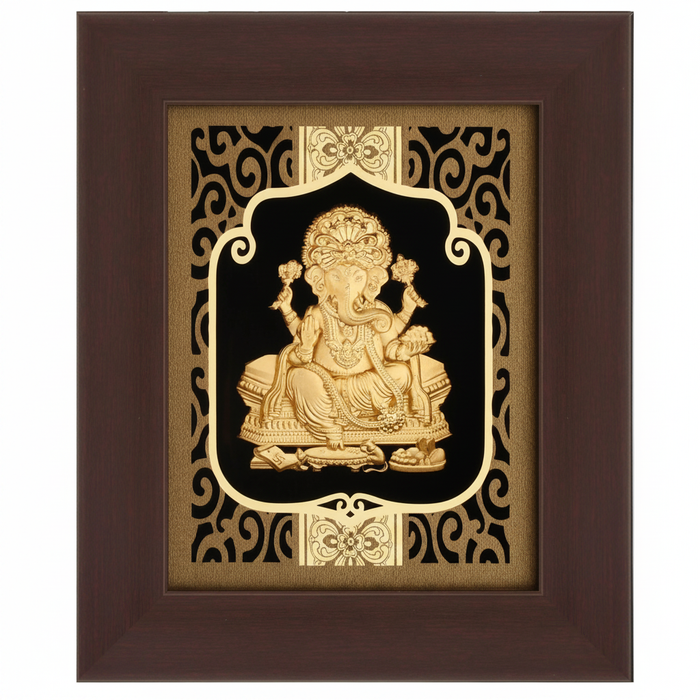 Ganesha 24K Gold Foil Painting Frame (6x7") - Sacred Obstacle Remover Art for Home Mandir, New House Blessing & Gift