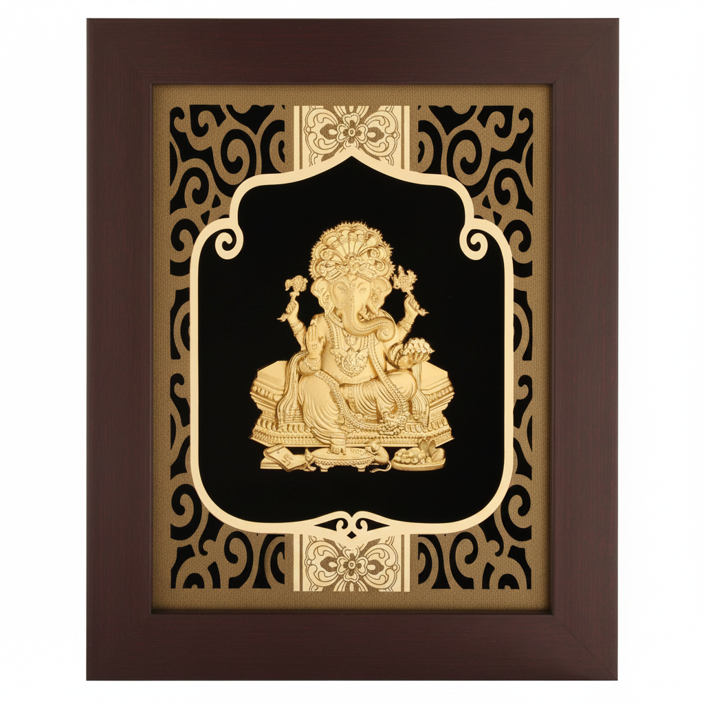 ganesha-ji-24k-gold-foil-painting-8x10-burgundy-frame-hero-shot-white-background-moksha-craft