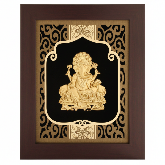 Ganesha 24K Gold Foil Painting Frame (8x10") - Sacred Obstacle Remover Art for Home Mandir, New House Blessing & Gift