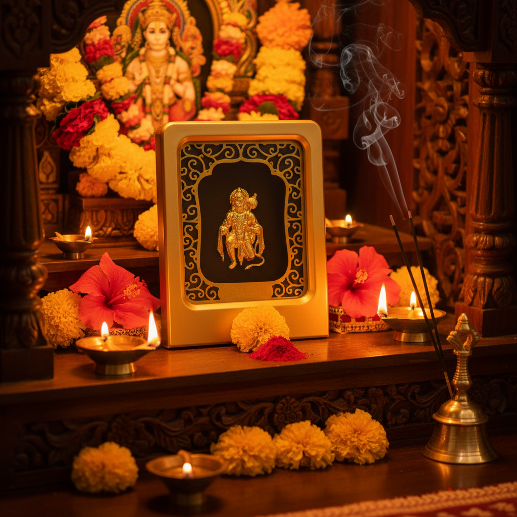 hanuman-ji-24k-gold-foil-painting-2x3-home-mandir-altar-with-diyas-moksha-craft
