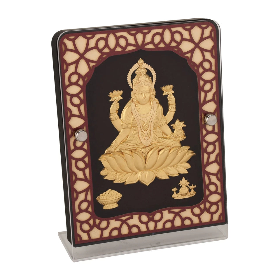 Lakshmi 24K Gold Foil Painting with Brown Tabletop Frame, 5x7 Inches