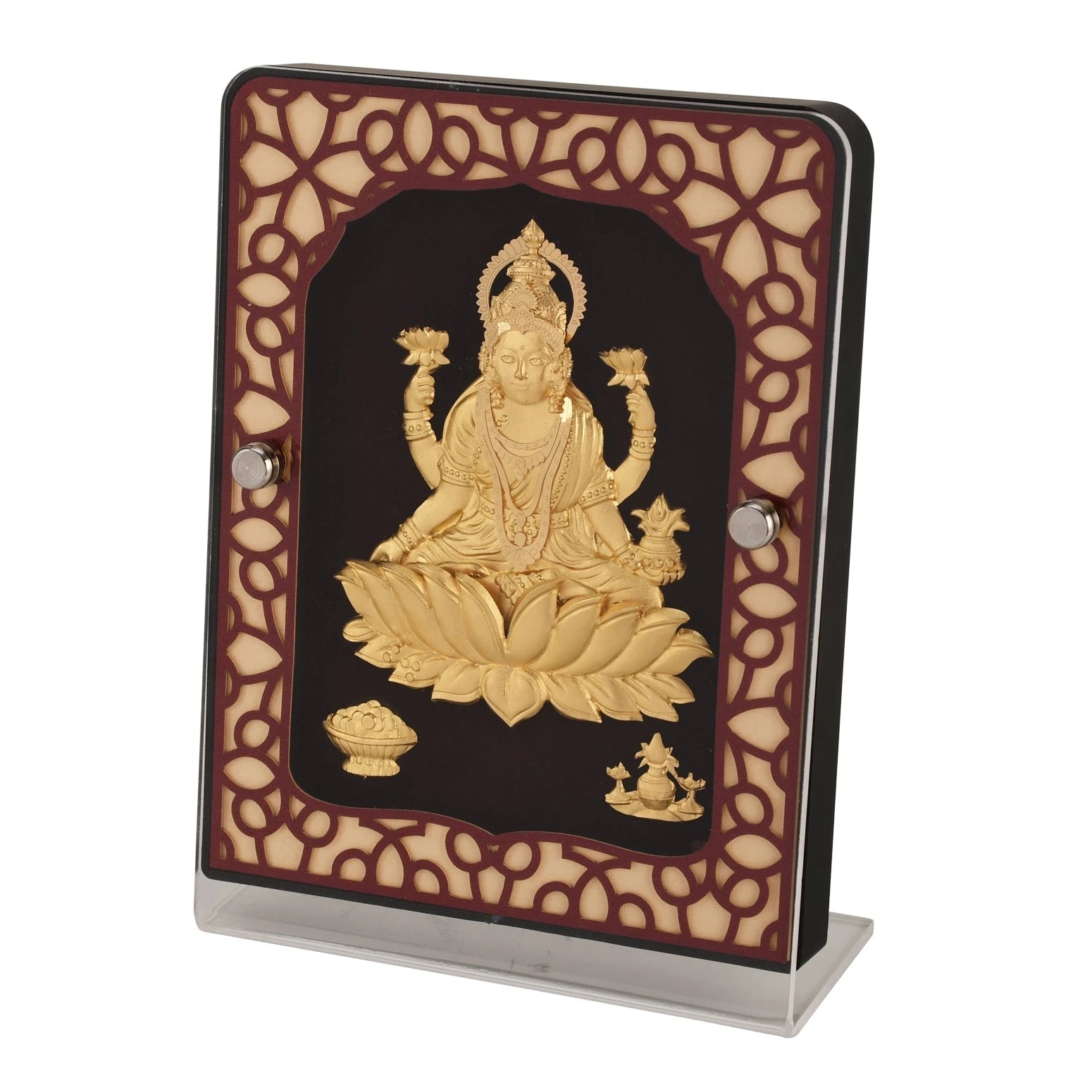 Lakshmi 24K Gold Foil Painting with Brown Tabletop Frame, 5x7 Inches