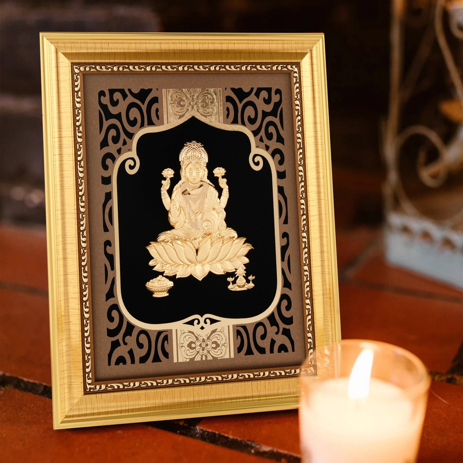 Lakshmi 24K Gold Foil Painting with Shiny Gold Versatile Frame, 8x10 Inches