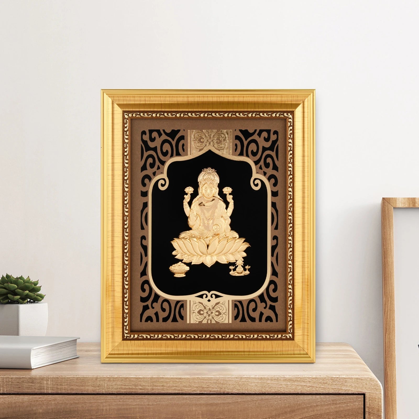 Lakshmi 24K Gold Foil Painting with Shiny Gold Versatile Frame, 8x10 Inches
