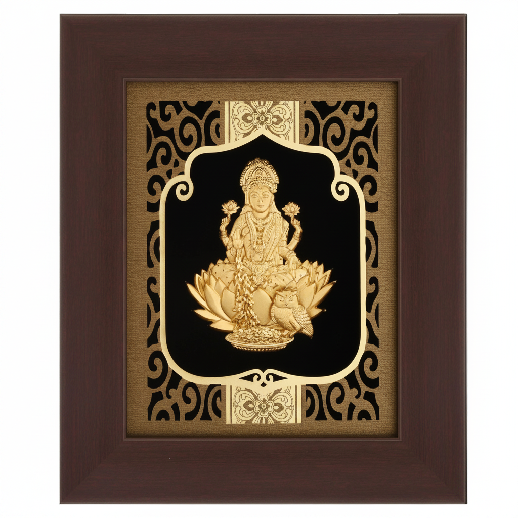 lakshmi-ji-24k-gold-foil-painting-6x7-burgundy-frame-hero-shot-white-background-moksha-craft