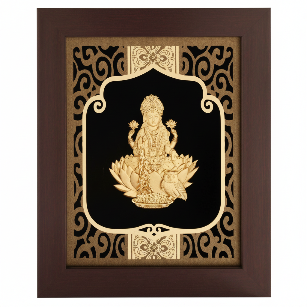 lakshmi-ji-24k-gold-foil-painting-8x10-burgundy-frame-hero-shot-white-background-moksha-craft