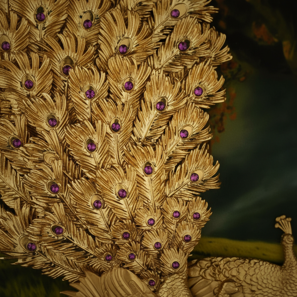 peacock-24k-gold-foil-painting-11x11-detail-close-up-3d-relief-feathers-moksha-craft