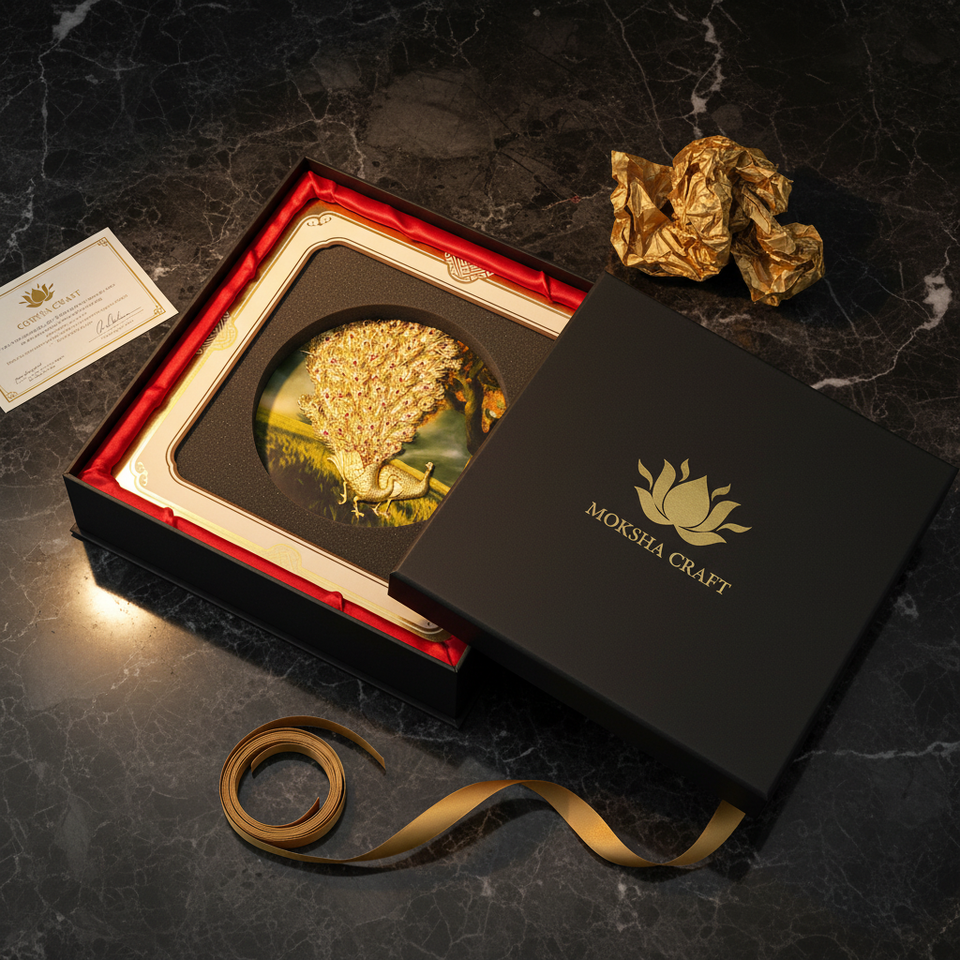 peacock-24k-gold-foil-painting-11x11-luxury-gift-box-packaging-moksha-craft